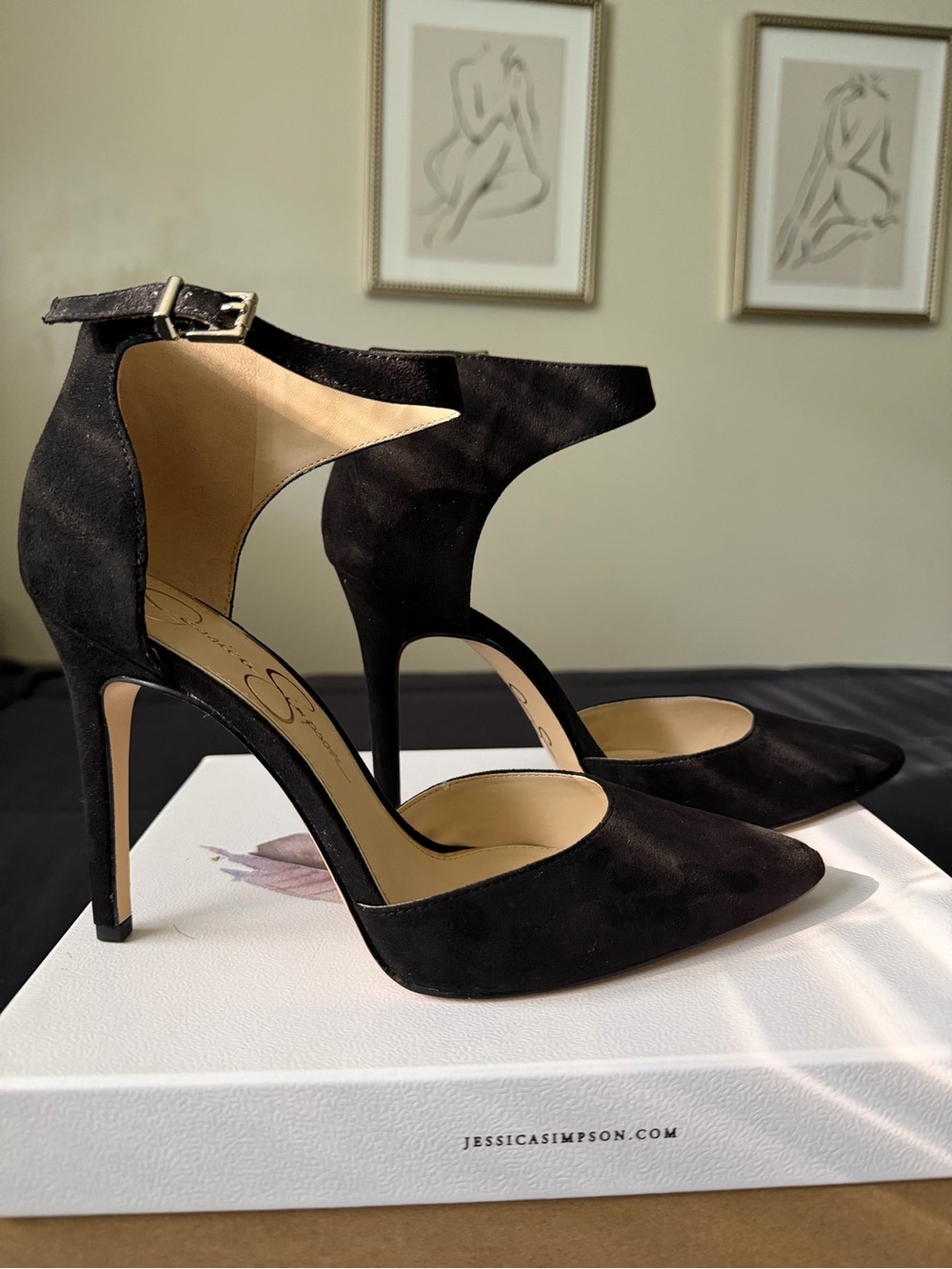 Jessica Simpson Black Suede Pointed-Toe Ankle-Strap Heels